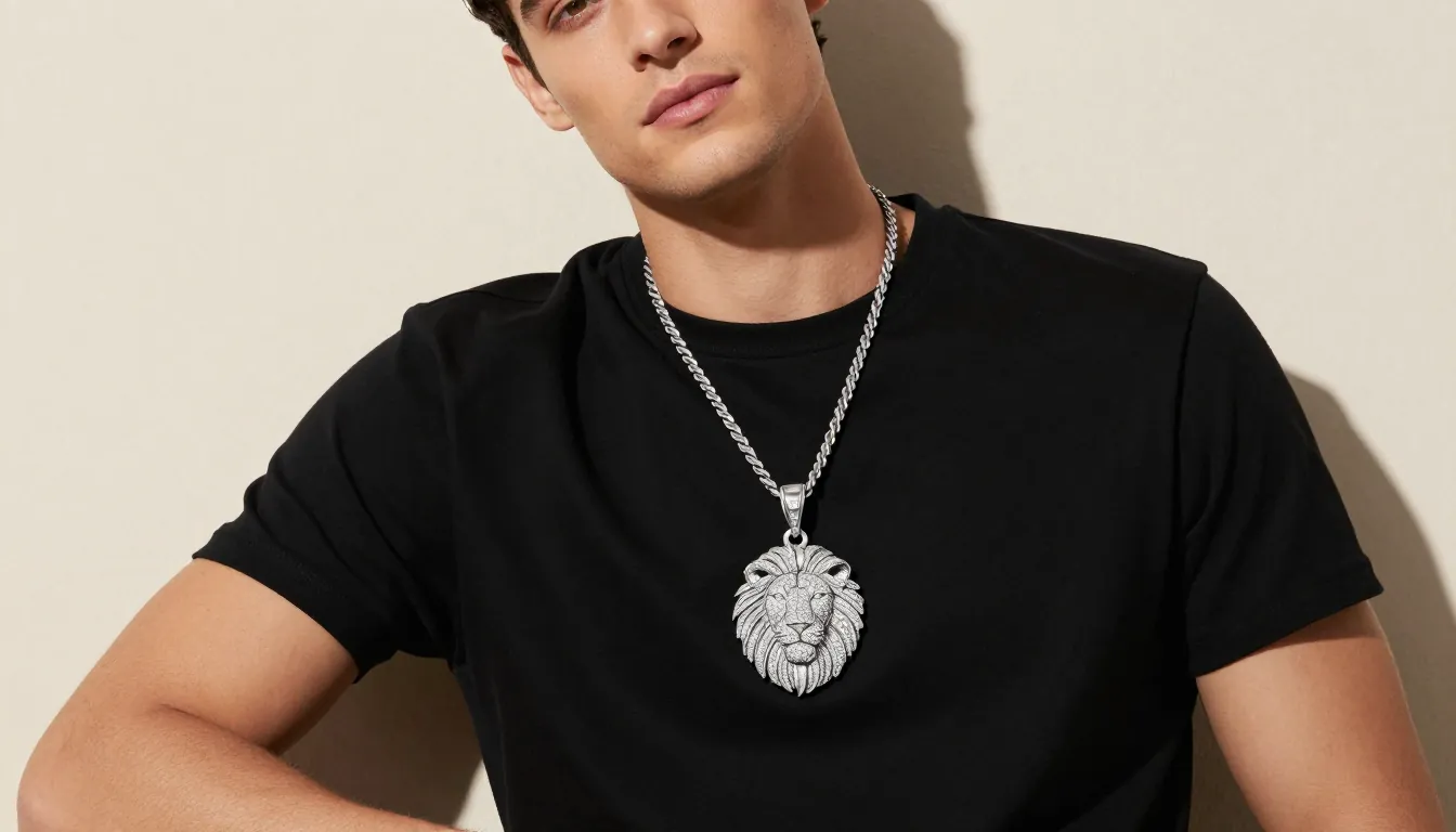 Man in a black tee wearing an iced lion head pendant