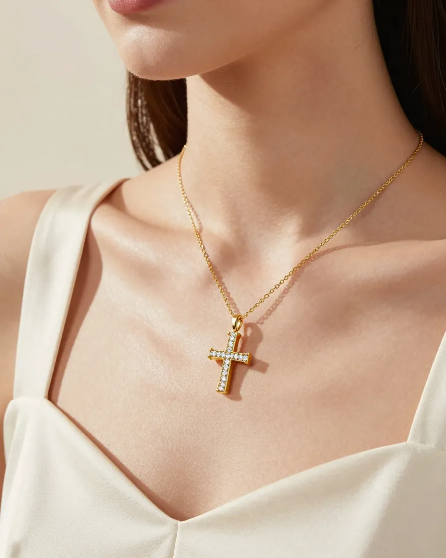 Woman wearing an iced cross pendant on a gold chain