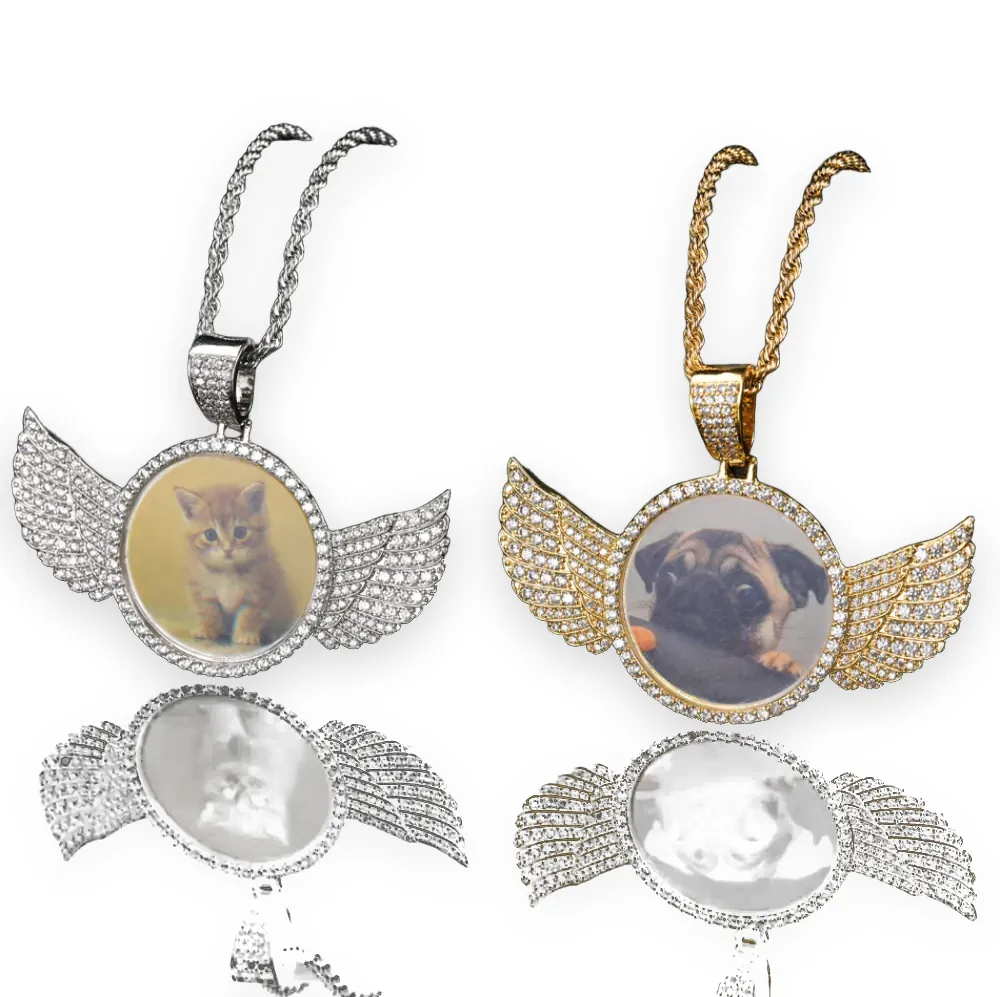 Large Wings Round Photo Pendant