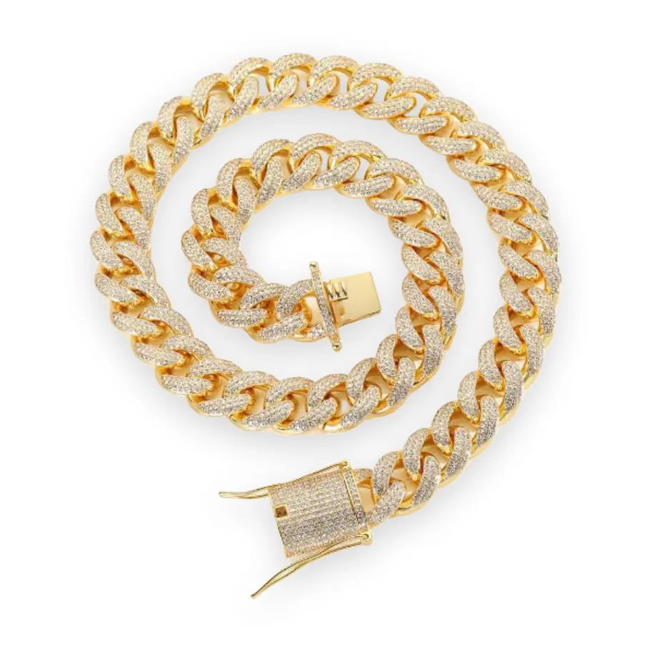 Polished-Edge Iced Cuban Chain, 15mm